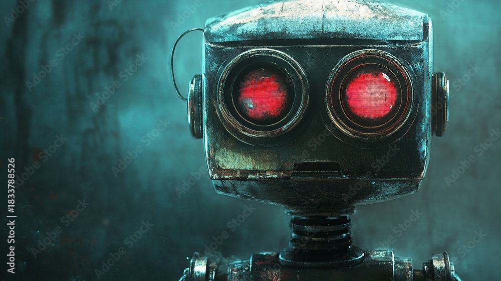 Naklejka premium A weathered, steampunk robot with glowing red eyes stares intensely from a dark, textured wall, evoking a sense of mystery and unease.