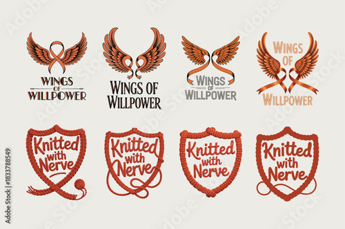 Winged ribbon and knitted shield illustrations with motivational text wings willpower