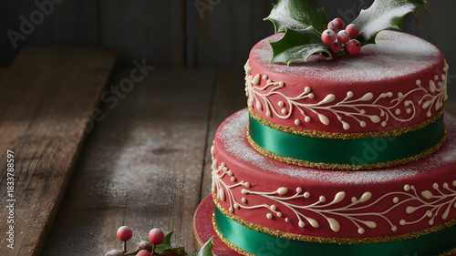 Delicious Christmas Cake with Holly and Snow Decoration