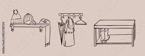 Old timber bath peg plank panel decor on white hall backdrop. Outline black ink hand drawn decoration object logo. Line hallway furniture with clothes symbol illustration sketch, vector illustration.