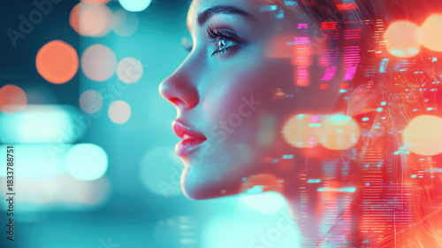 Stunning profile portrait of a woman with digital effects in a vibrant, modern setting