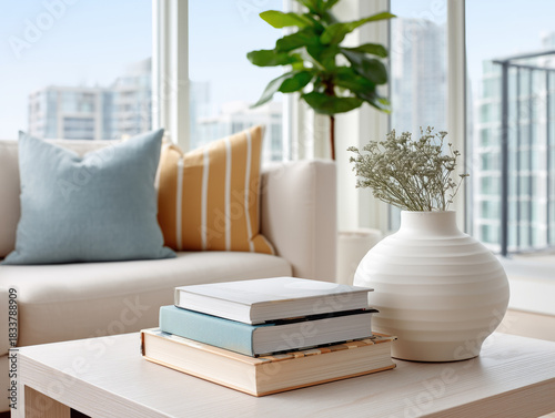 Stylish living room with elegant floral arrangement and modern decor