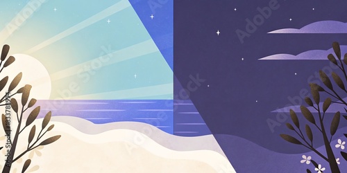 Day and night landscape: sun, stars, ocean, beach, and plants