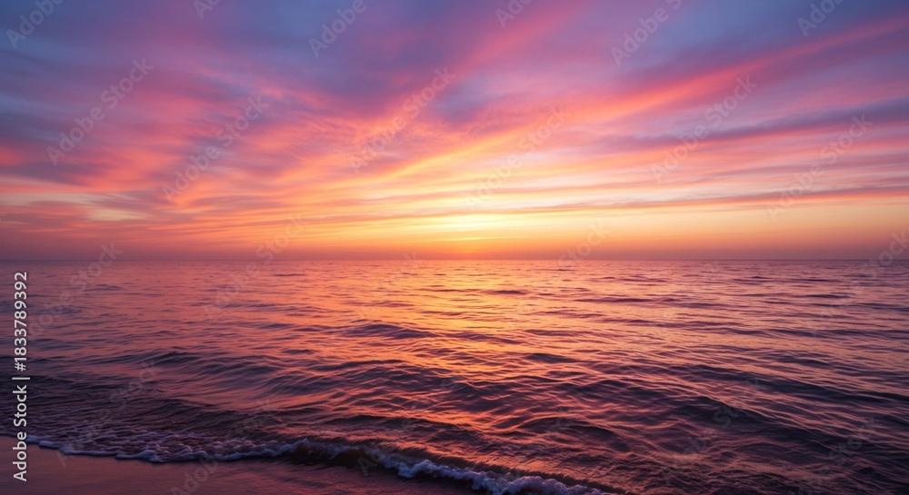 Fototapeta premium 夕焼け空の壮大な色彩が海に映り込み水面を優しく染め上げる幻想的な夕暮れ風景. AI Generated