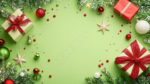 Bright Christmas background frame with red/white gifts, snowy fir, ornaments, confetti, and stars on a cheerful lime green surface.