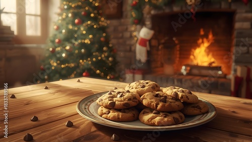 Cozy holiday scene with chocolate chip cookies, christmas tree and fireplace
