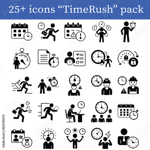 Deadline Icons Time Management, Urgency, Clock Pressure, Last-Minute Office Silhouette Pack