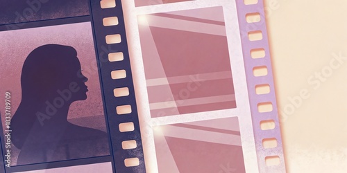 Female silhouette in film strip with light rays, cinema concept