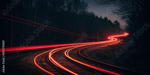 Red light trails curve along dark forest railway tracks at dusk