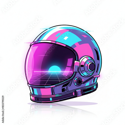 A vibrant retro-futuristic astronaut helmet featuring neon pink and blue tones with a glossy visor and grid horizon reflection. Perfect for sci-fi, vaporwave, and futuristic artwork themes.