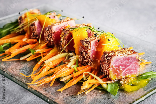 Seared sesamecrusted tuna served over vibrant greens and fruit slices