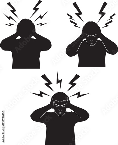 Three distressed figures in silhouette holding heads with lightning bolts silhouette