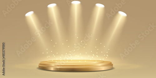 Modern podium with light reflection, magical smoke and spotlight.