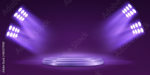 A modern purple podium with dramatic spotlights and reflections.