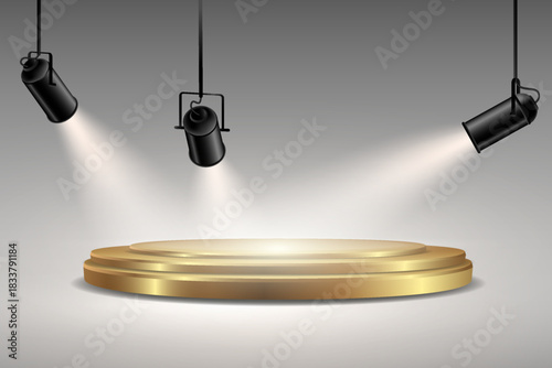 Luxury gold pedestal illuminated by multiple white spotlights for award ceremony display.