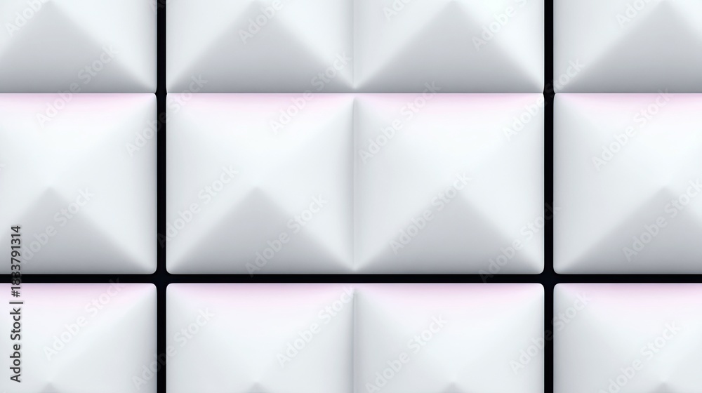 Obraz premium Close-up of a repeating pattern of white square pyramids with black lines, creating an abstract background.