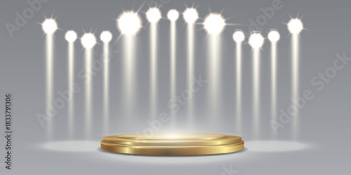 Luxury gold pedestal illuminated by multiple white spotlights for award ceremony display.