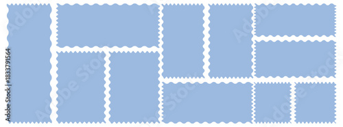 Blue postage stamps set. Post stamp frames and borders. Set of frames with zigzag edge, scallop edge shape. Frames Scalloped Vector Corrugated Bento Grid Shapes Set.