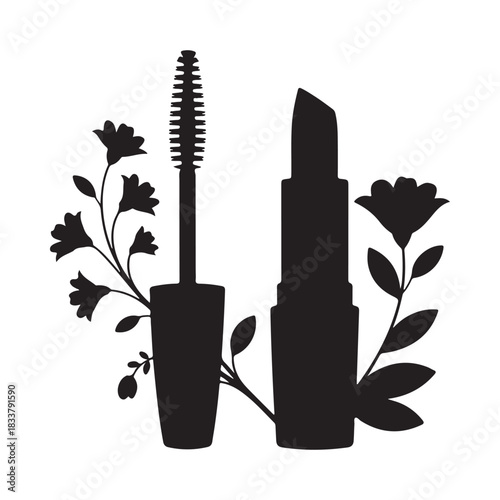 Black silhouette of mascara and lipstick with floral accents