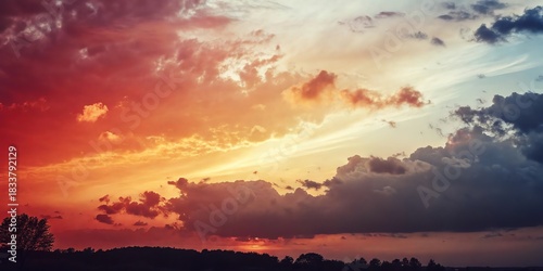 Vibrant gradient sunset sky with dramatic clouds and horizon