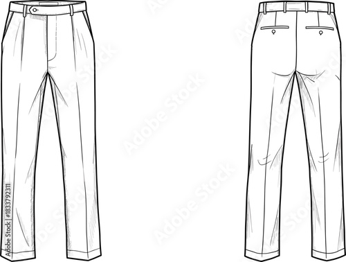 Pleated tailored trousers illustration with welt back pockets, structured straight-leg silhouette, detailed technical fashion garment drawing design