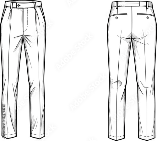 Pleated trousers fashion illustration with front crease details, welt back pockets, tailored straight-leg design, technical garment drawing