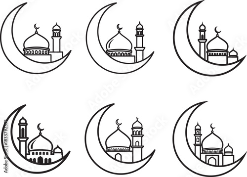 Six crescent moons with mosque silhouettes for islamic holidays silhouette