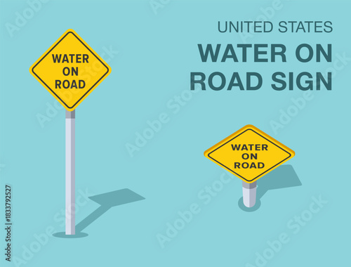Traffic regulation rules. Isolated United States "water on road" road sign. Front and top view. Flat vector illustration template.