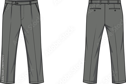 Tailored trousers fashion illustration with pleat details, welt back pockets, straight-leg silhouette, clean technical garment drawing template