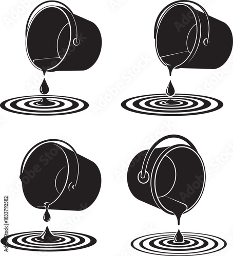 Four black silhouette buckets pouring liquid creating ripples silhouette