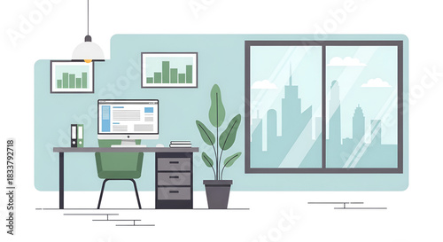 Illustration of a contemporary office interior featuring desk, chairs, analytics charts, and large windows. Suitable for business themes, presentations, and workplace design concepts.