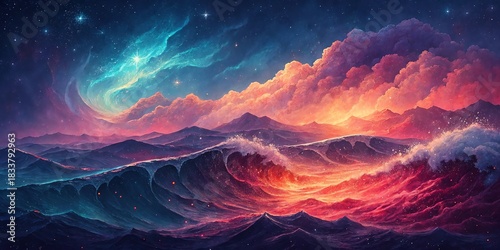 Vibrant cosmic ocean waves under starry nebula sky at sunset glow