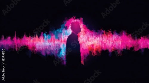 A vibrant silhouette against colorful sound waves, representing the intersection of music and emotion in a dynamic, abstract design.