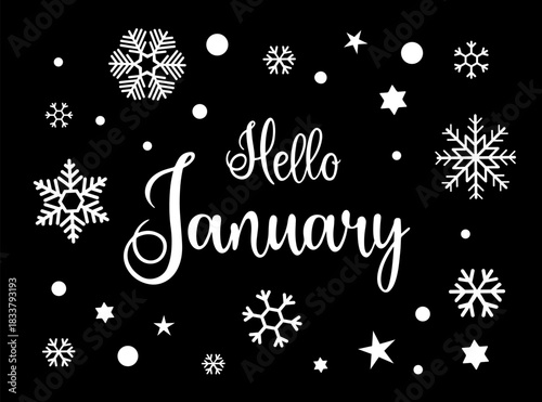 Handwritten, hello January, lettering message. December welcome quote. Modern lettering. Design for cards, banners, posters.	