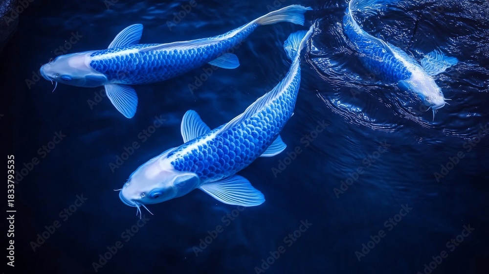 Fototapeta premium Three blue koi fish swimming in the water, one of them is large and elongated with white scales on its body, and two smaller ones behind it, all floating together. The background color should be dark 