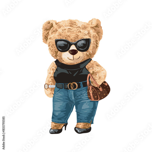 Funny animal toy teddy bear wearing fashion sunglasses and jeans for a cool cartoon photo