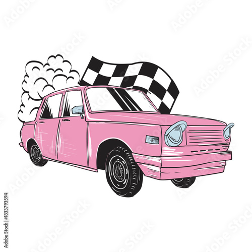 Classic black and white automobile transport with a flag vector illustration design