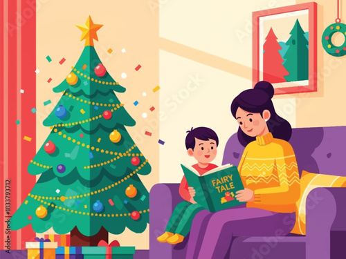 Cozy Christmas reading time with mom and child near a decorated tree celebrating family