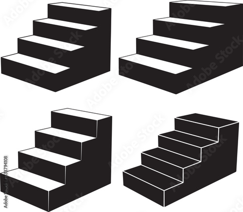 Four black and white step staircase silhouettes in different perspectives silhouette