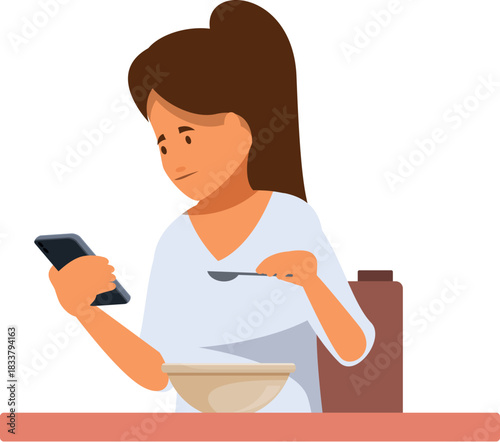 Woman having breakfast and looking at her phone at the same time