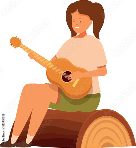 Girl happily playing an acoustic guitar while sitting on a log in nature