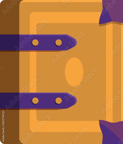 Illustration of a closed magic book with purple straps and metal circles, evoking mystery and ancient knowledge
