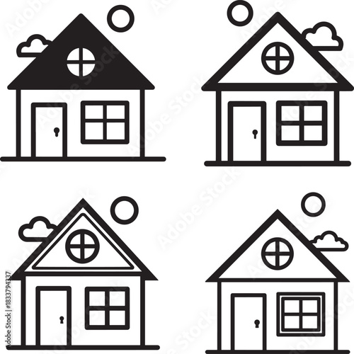 Four simple house icons in silhouette style