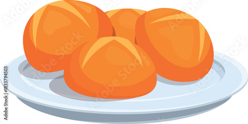 Four golden brown buns are resting on a plate, creating a tempting image of freshly baked goods