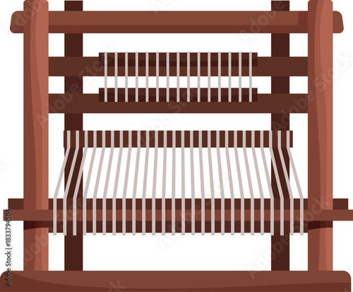 Traditional wooden hand loom weaving machine with white threads, used for creating textiles