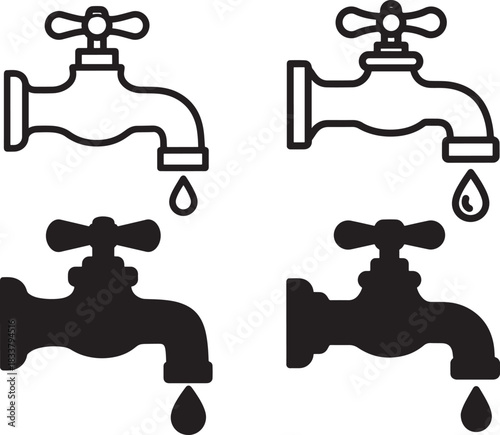 Two water taps with dripping water in outline and silhouette