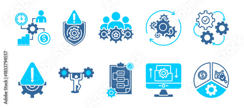 Business continuity icon collection set. Planning, recovery, management, ongoing operation, risk, resilience, procedures, Backup System, Business Impact An. Simple flat vector.dual tone  style.