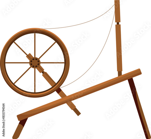 Classic wooden spinning wheel with string for creating yarn, representing traditional textile production