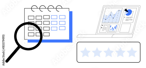 Business planning, data analysis, performance tracking, scheduling, digital tools, quality assessment. Magnifying glass over calendar, laptop with charts and star rating bar. Business planning
