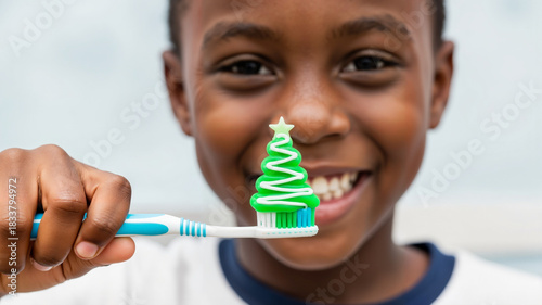 Young black boy smiling while holding toothbrush with green toothpaste  
